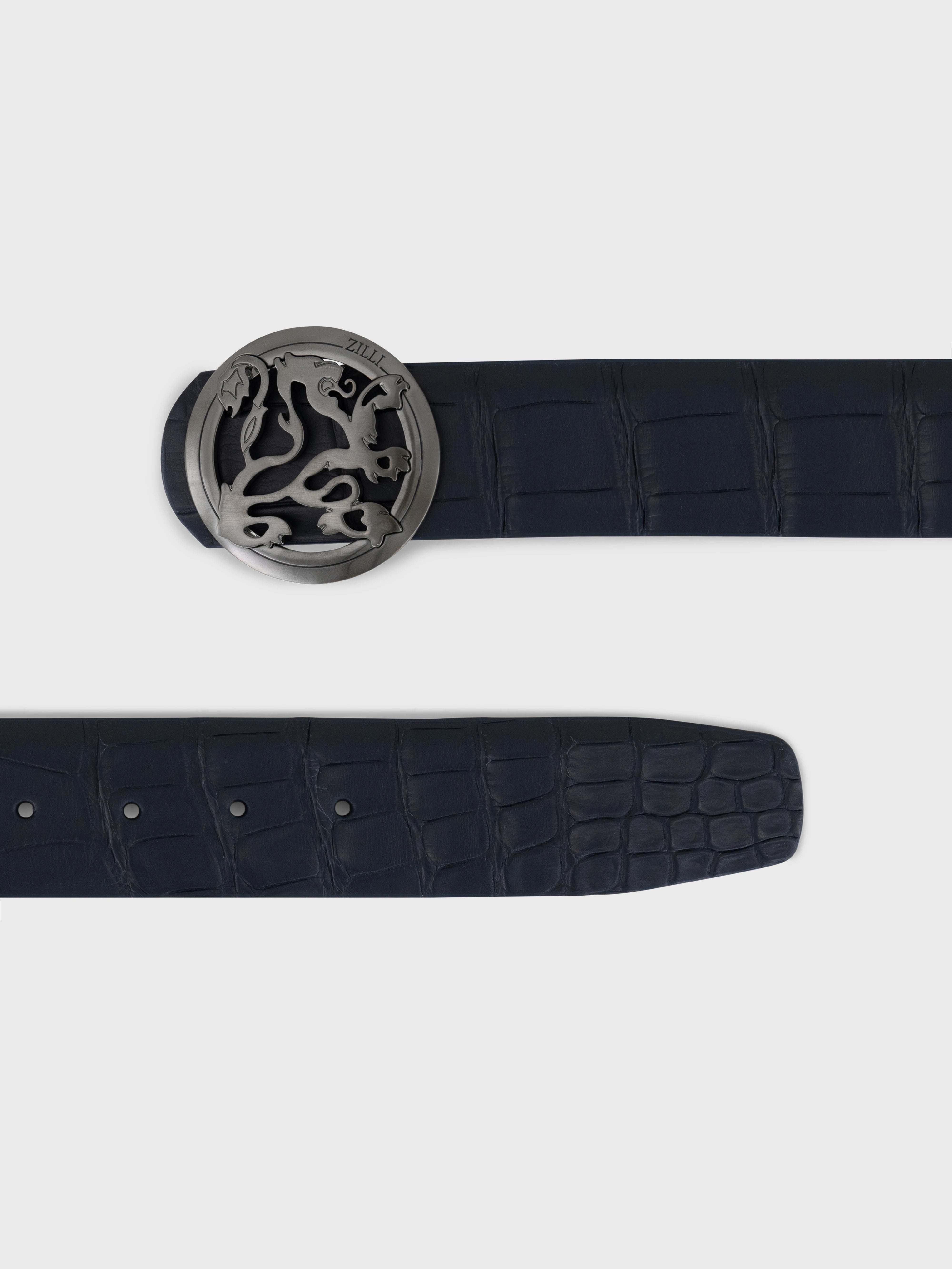 Ремень из крокодила с пряжкой в виде льва с рутениевой отделкой - темно-темноморский