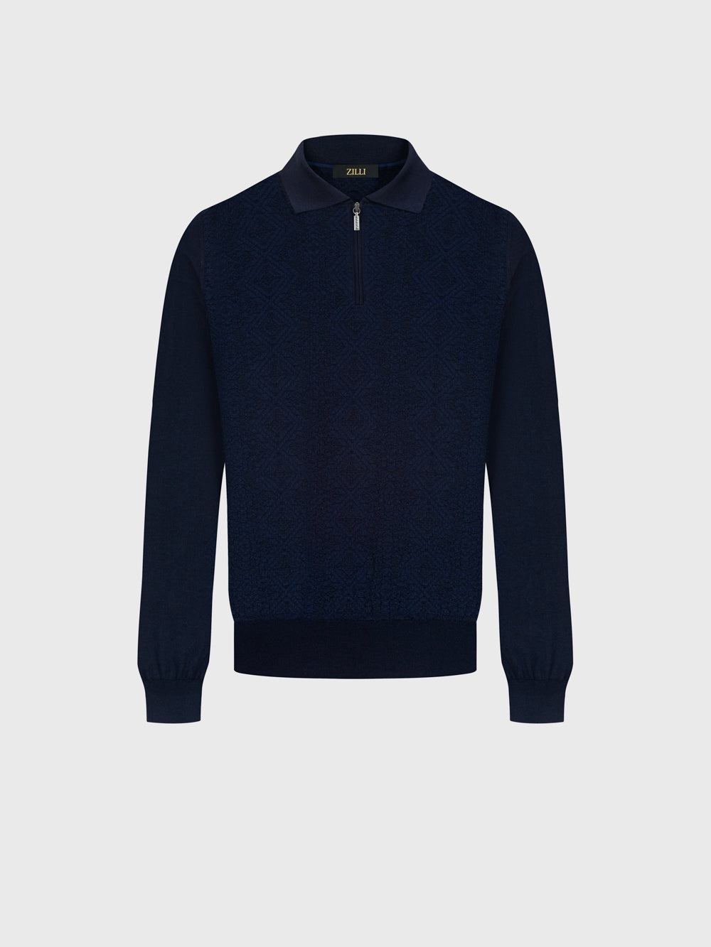 Поло из шерсти и шелка с полузастежкой-молнией и фактурным трикотажем – темно-синий