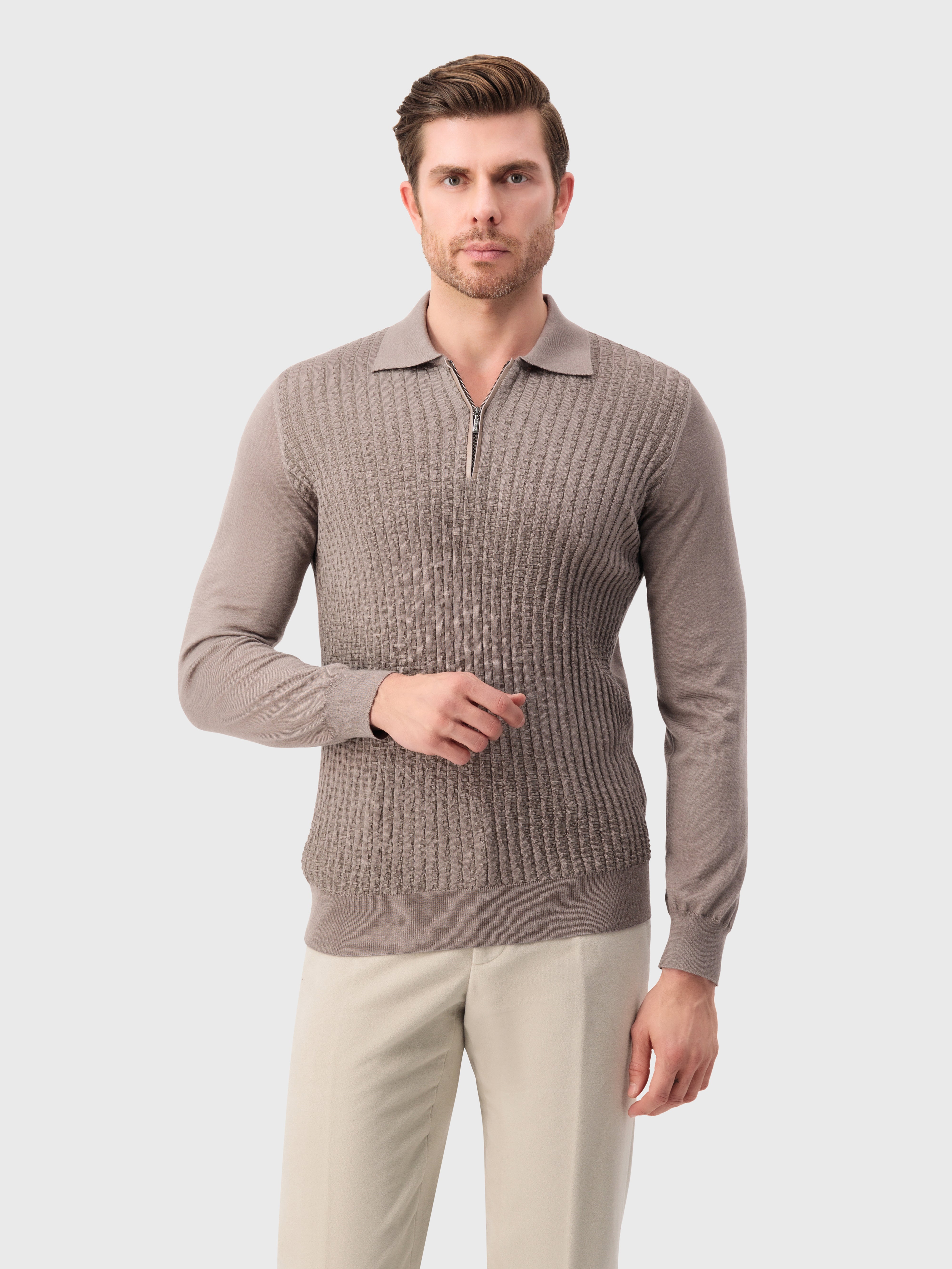 Трикотажное поло на молнии из кашемира и шелка цвета тауп