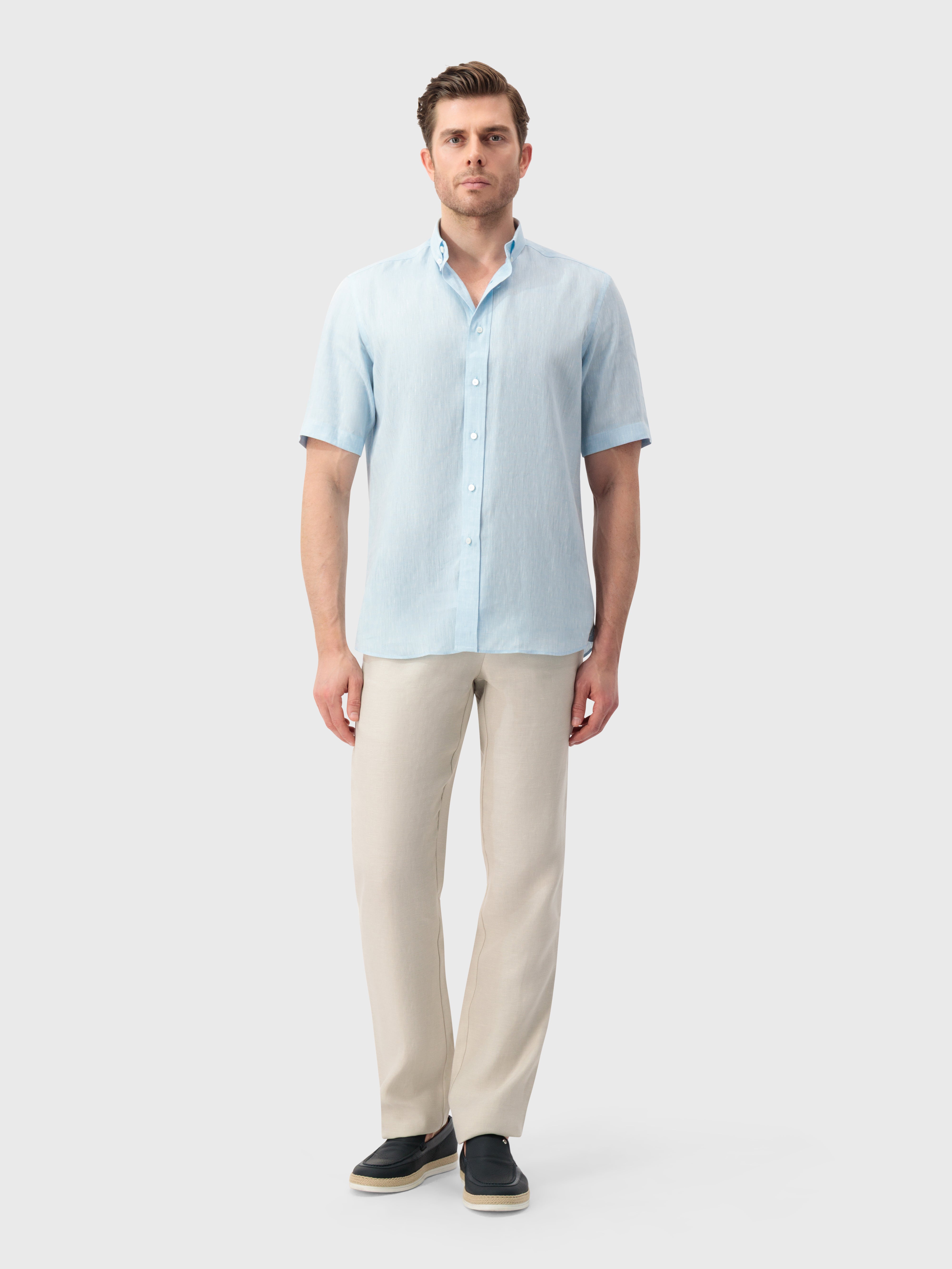 Льняная рубашка с одним отложным воротником - Оксфордский синий