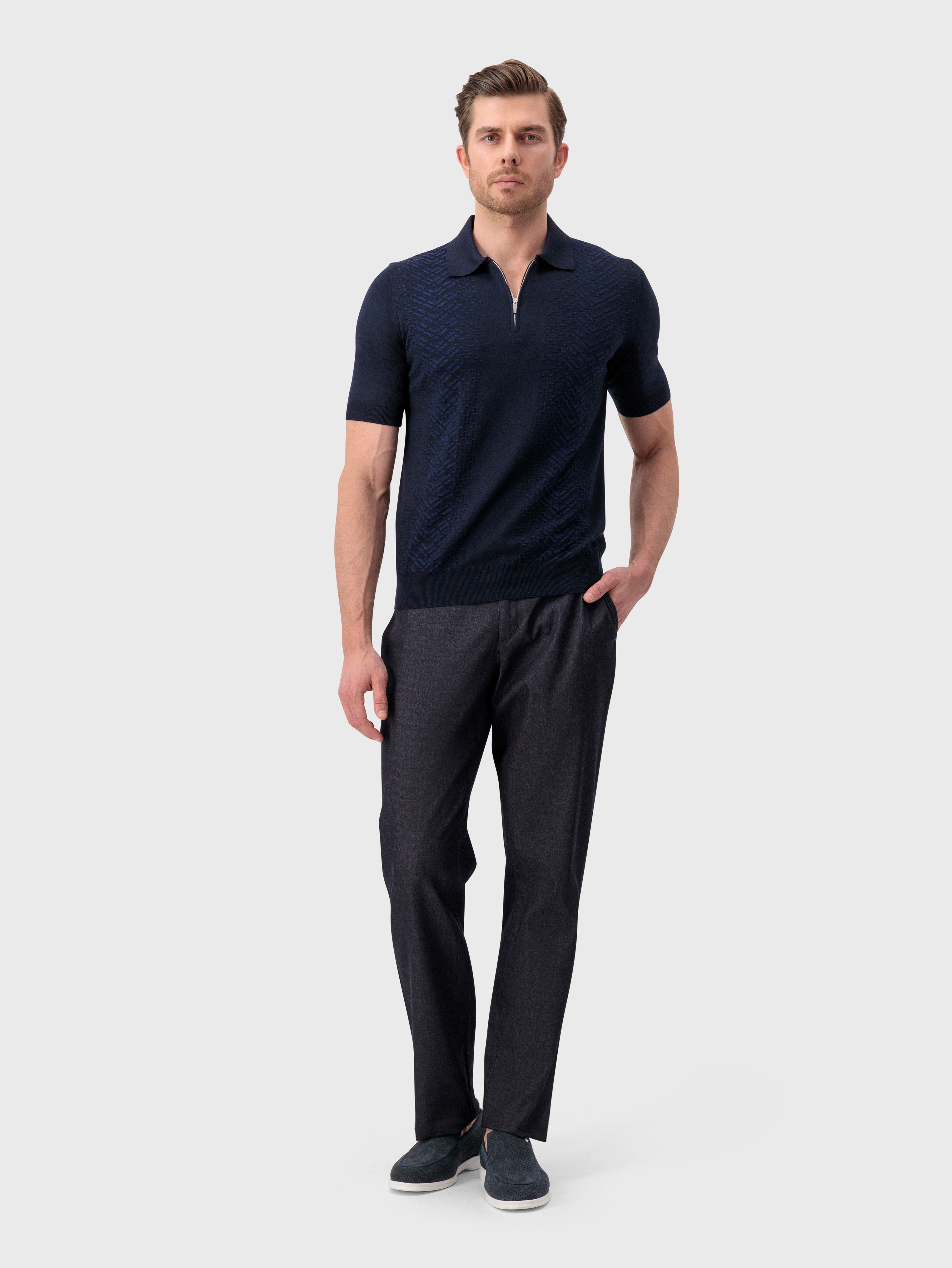 Трикотажное поло из шелка и хлопка "Micro Lozenges" - синий морской