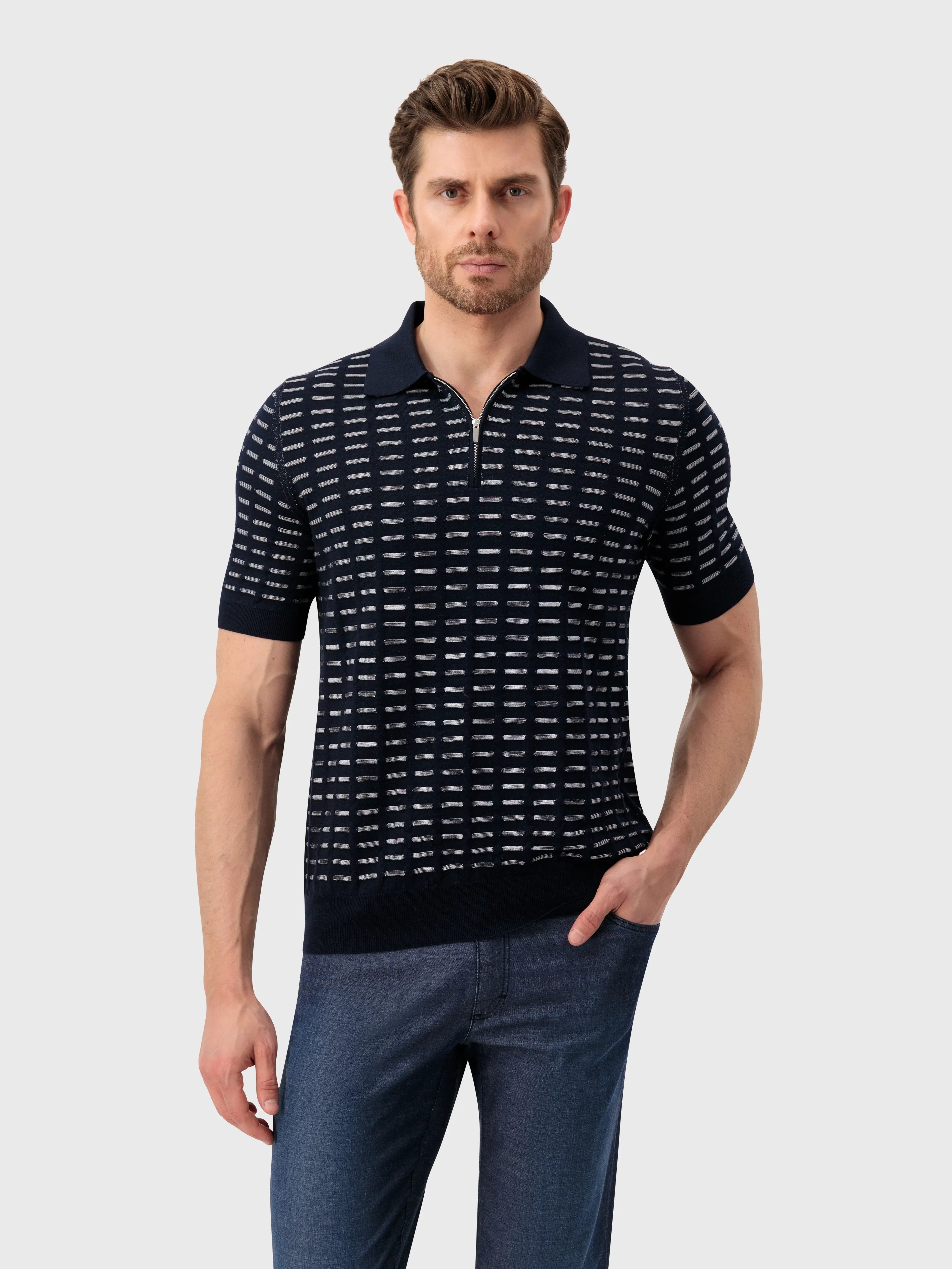 Рубашка-поло из шелкового трикотажа с геометрическим узором - Синий морской