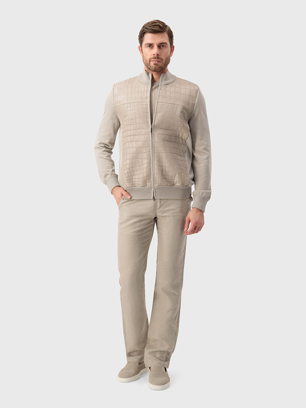 Кожаная трикотажная куртка-бомбер - Pale Fawn