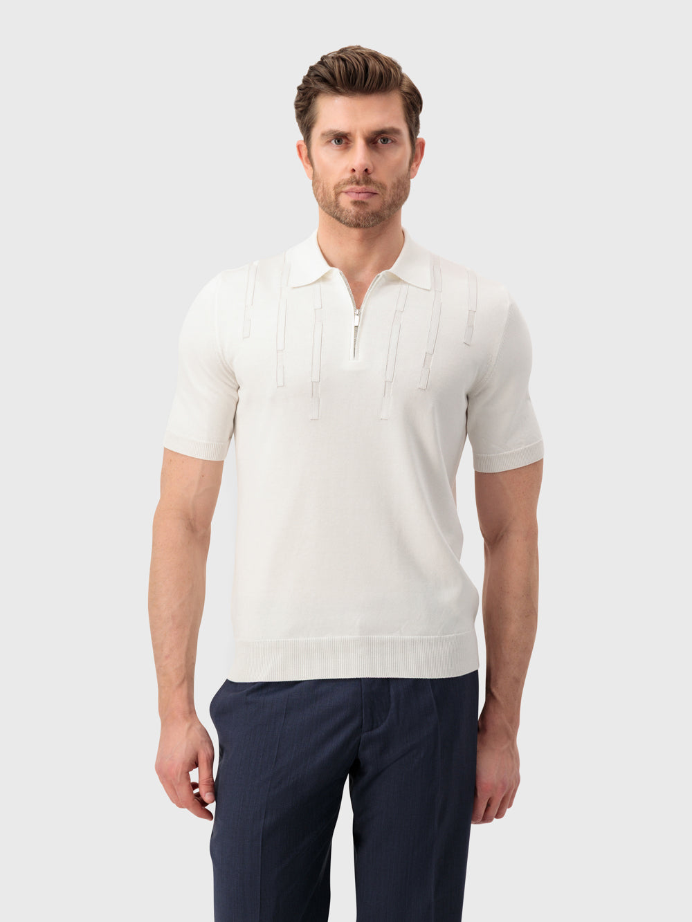 Рубашка-поло из шелкового трикотажа с геометрическим узором - Натуральный белый