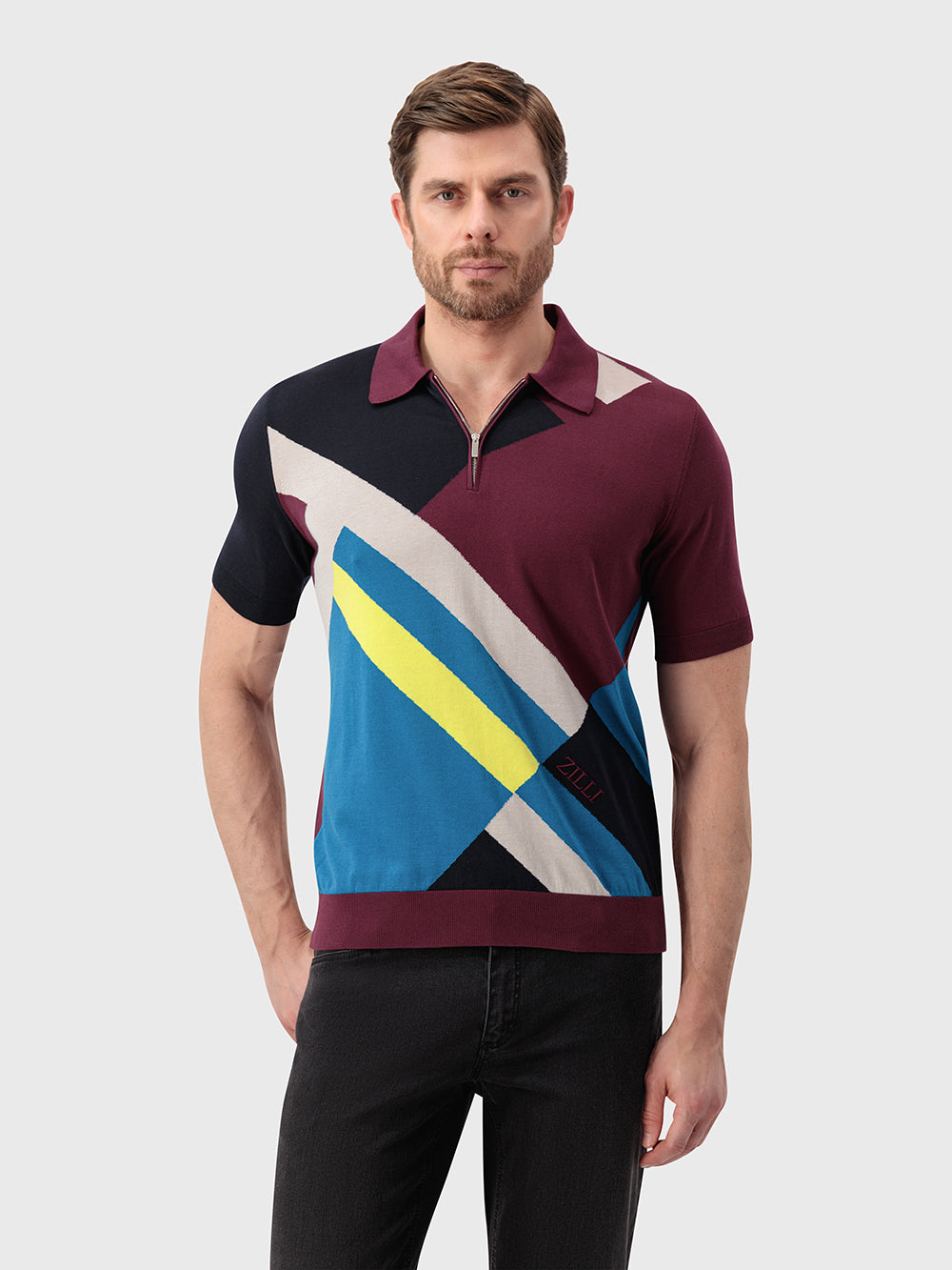 Трикотажная рубашка-поло с геометрическим узором - глубокий пурпур